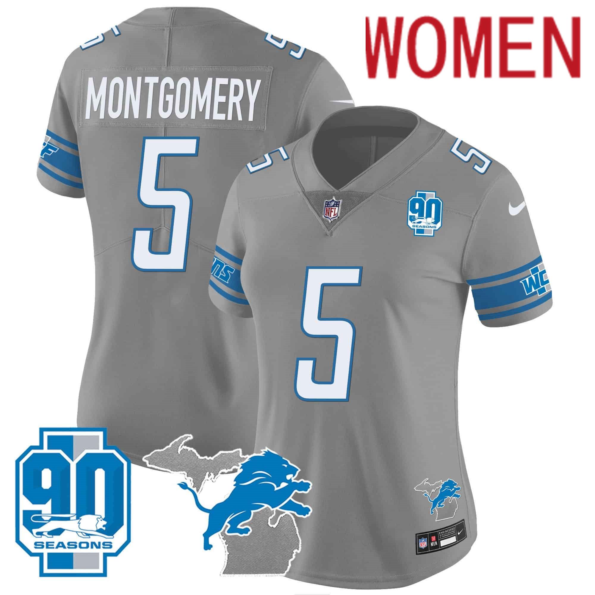 Women Detroit Lions 5 Montgomery Grey 2024 Nike 90th Year Michigan Patch Vapor NFL Jersey